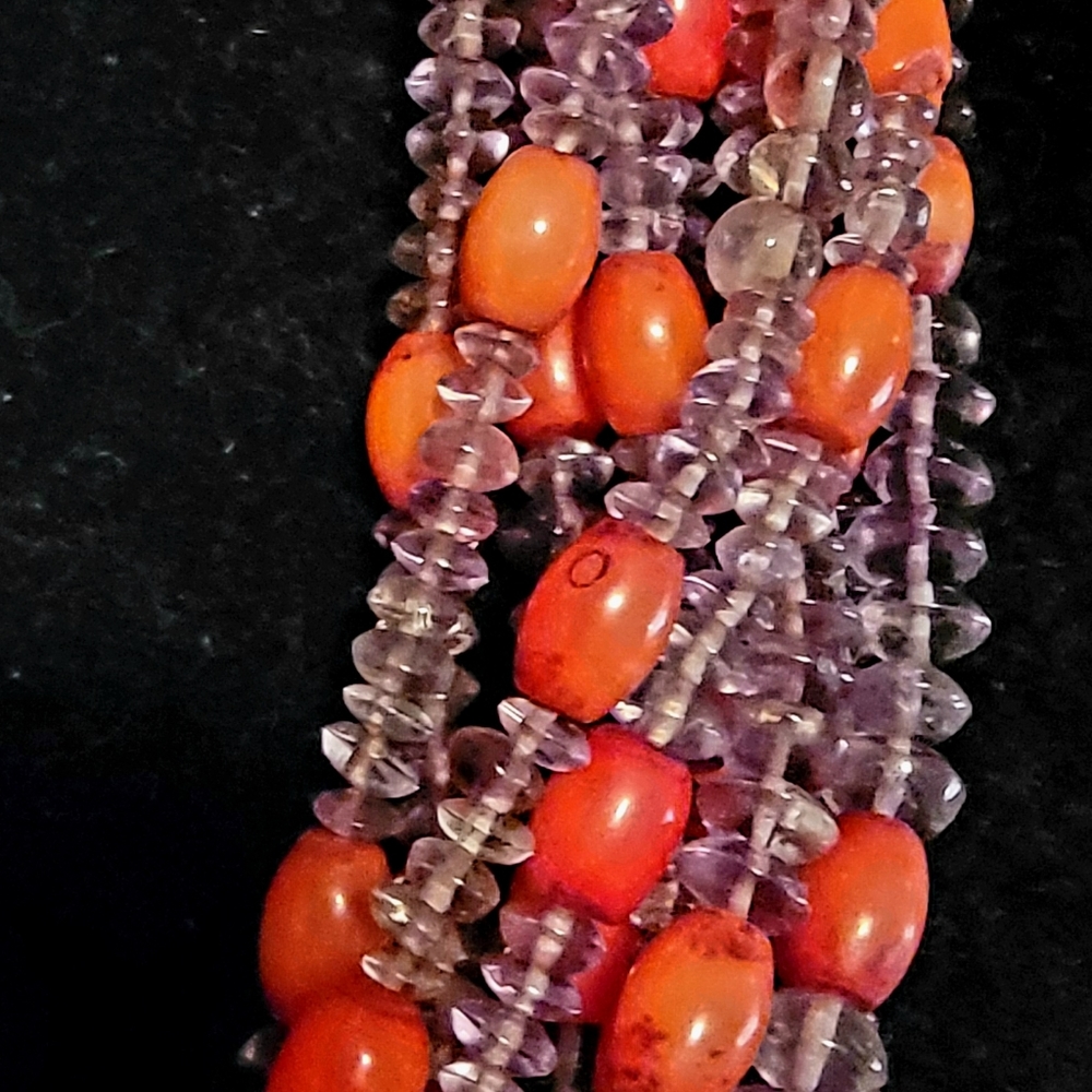 Hand crafted multi strands Amethysts and genuine Red Coral - Silver Necklace ♥️ - Picture 2 of 4